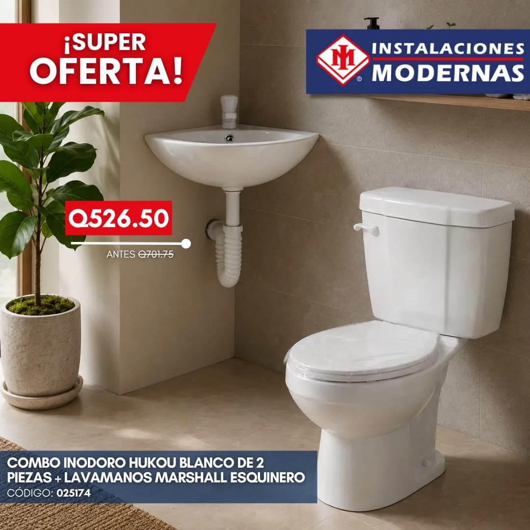 COMBO INODORO. RED. HUKOU BL DE 2PZAS + Lavamanos MARSHALL ESQUINERO BLANCO C/LLAVE Y ACCES